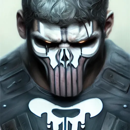 Prompt: portrait of remorseful frank castle the punisher, bruised, face paint, intricate, elegant, highly detailed, centered, grungy, digital painting, artstation, concept art, smooth, sharp focus, illustration, artgerm, artstation, boris vallejo