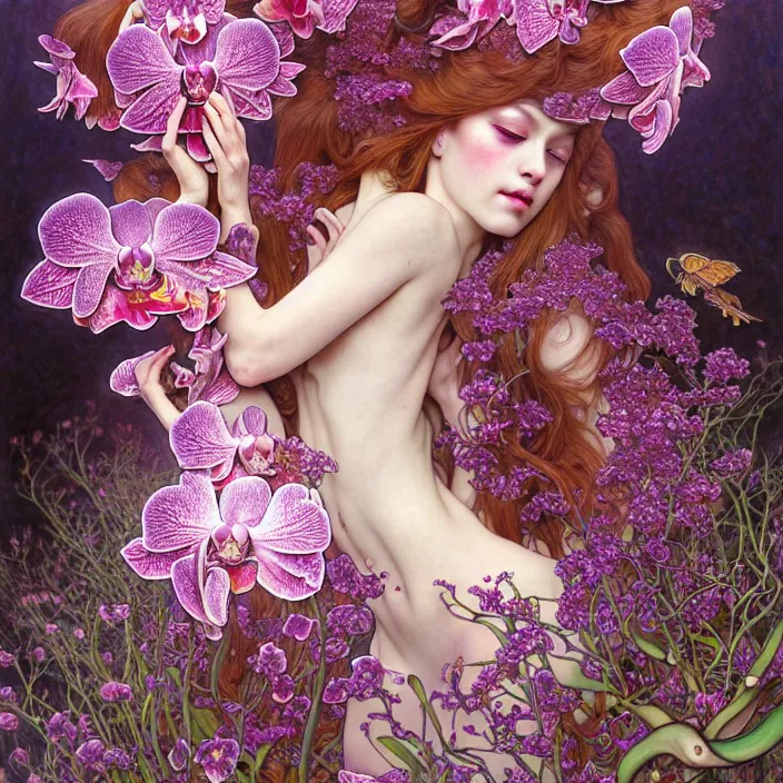 Image similar to psychedelic creature, orchid, cherry blossom tree, mushrooms, diffuse lighting, fantasy, intricate, elegant, highly detailed, lifelike, photorealistic, digital painting, artstation, illustration, concept art, smooth, sharp focus, art by John Collier and Albert Aublet and Krenz Cushart and Artem Demura and Alphonse Mucha and Giuseppe Arcimboldo