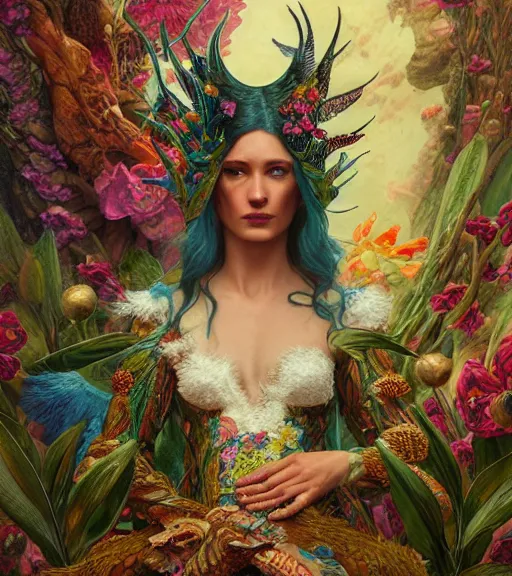 Image similar to portrait of quetzalcoatl, surrounded by flowers by karol bak, moebius, tom bagshaw, rococo, trending on artstation, cinematic lighting, hyper realism, octane render, 8 k, hyper detailed, ink by dave gibbons