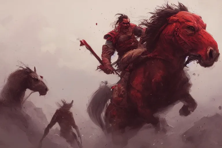 Image similar to Red ogre riding a horse, funny, portrait, Greg rutkowski