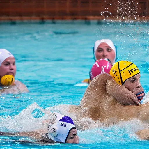 Image similar to hippopotamuses playing water polo against athletes. sports photograph.