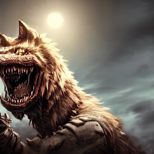 Image similar to armoured werewolf highly detailed, dramatic lighting, cinematic, 4k