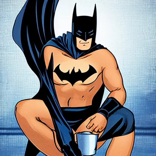 Prompt: photo of batman sitting in his tighty whities and drinking coffee