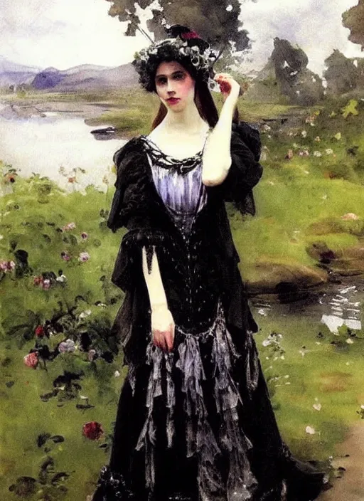 Image similar to gothic princess in baroque dress in a scenic environment. by anders zorn * *