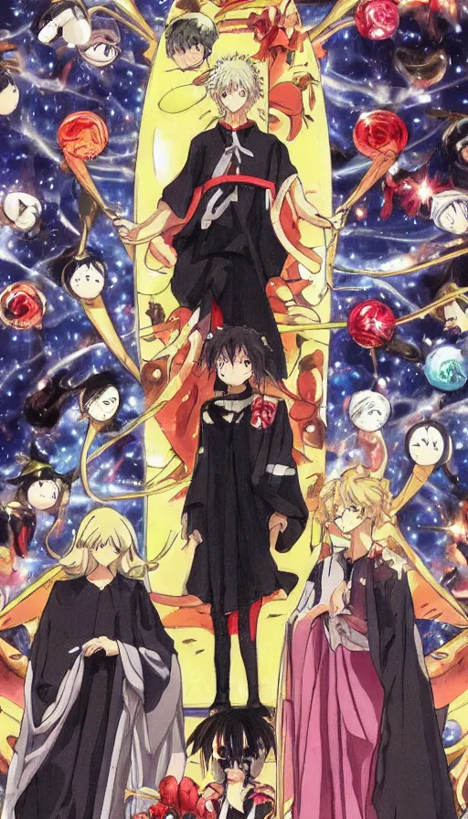 Image similar to anime tarot card based on the card Judgement, drawn by hideaki anno