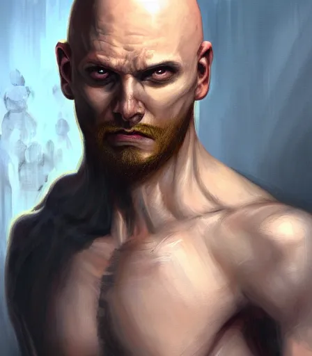 Image similar to unattractive, bald and unsympathetic Human_fighter!, He has 6 scares on his face, and a bloodthirsty look in his eyes. full_body!!, dungeons and dragons portrait, highly detailed, digital painting, artstation, concept art, sharp focus, illustration, art by artgerm and greg rutkowski and alphonse mucha