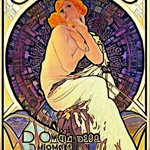 Image similar to doomscrolling. poster art by alfons mucha