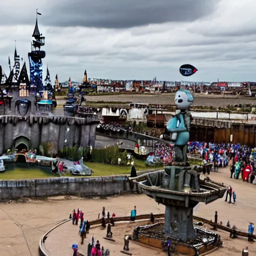 Image similar to a wide-angle aerial view photo of Dismaland Bemusement Park by Banksy, 8k, award winning photography