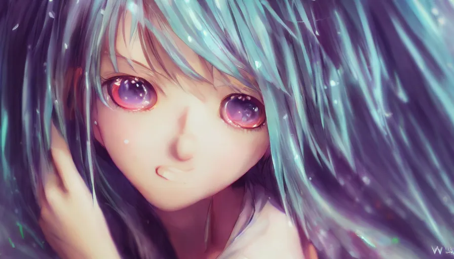 Image similar to cute anime girl by wlop, detailed eyes, heterochromia, bright eyes, closeup, happy expression, short minidress, light clothing, light rain, hyper real, detailed digital art, hatsune miku, photorealistic