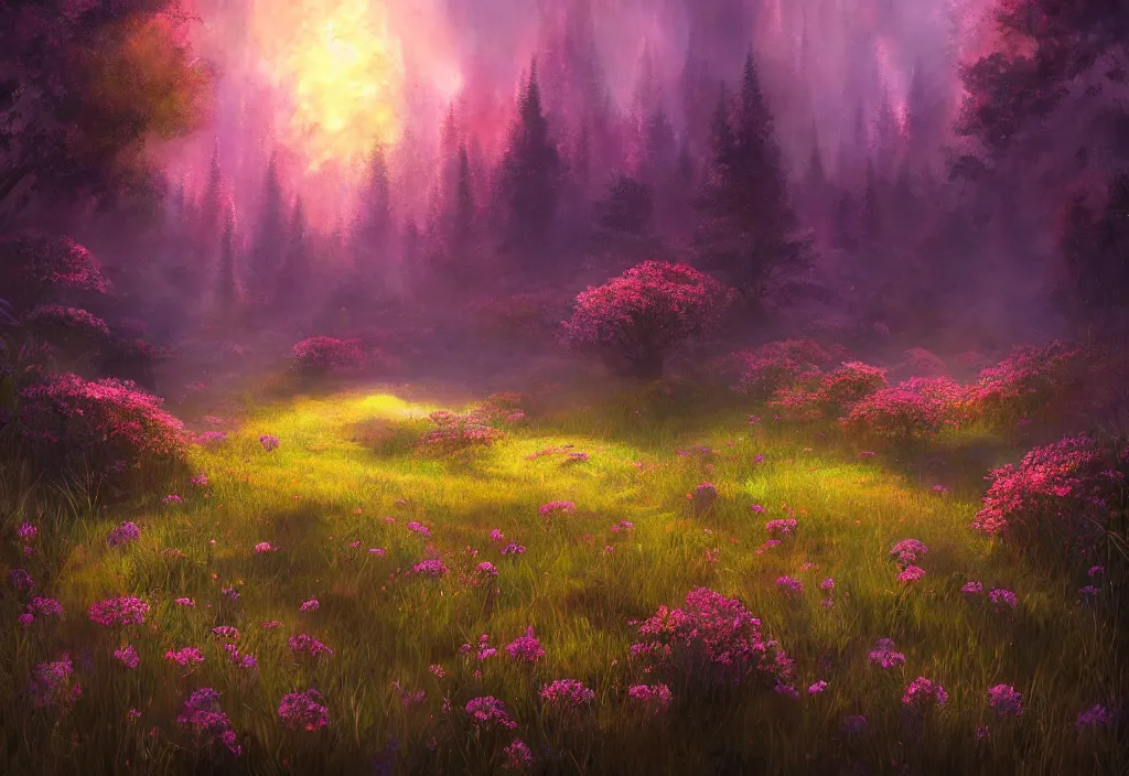Prompt: a meadow with glowing flowers an forest behind it, night time, epic fantasy, detailed, intricate, digital painting, concept art, realistic, smooth, focus, rim light