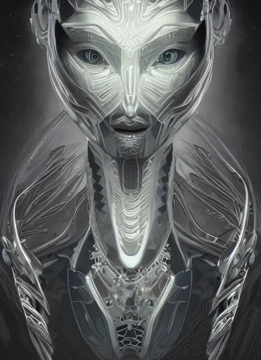 Image similar to symmetry!! portrait of silver alien in the style of horizon zero dawn, machine face, intricate, elegant, highly detailed, digital painting, artstation, concept art, smooth, sharp focus, illustration, art by artgerm and greg rutkowski and alphonse mucha, 8 k