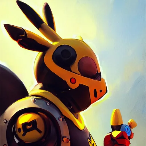 Image similar to greg manchess portrait painting of partially armored pikachu as overwatch character, medium shot, asymmetrical, profile picture, organic painting, sunny day, matte painting, bold shapes, hard edges, street art, trending on artstation, by huang guangjian and gil elvgren and sachin teng