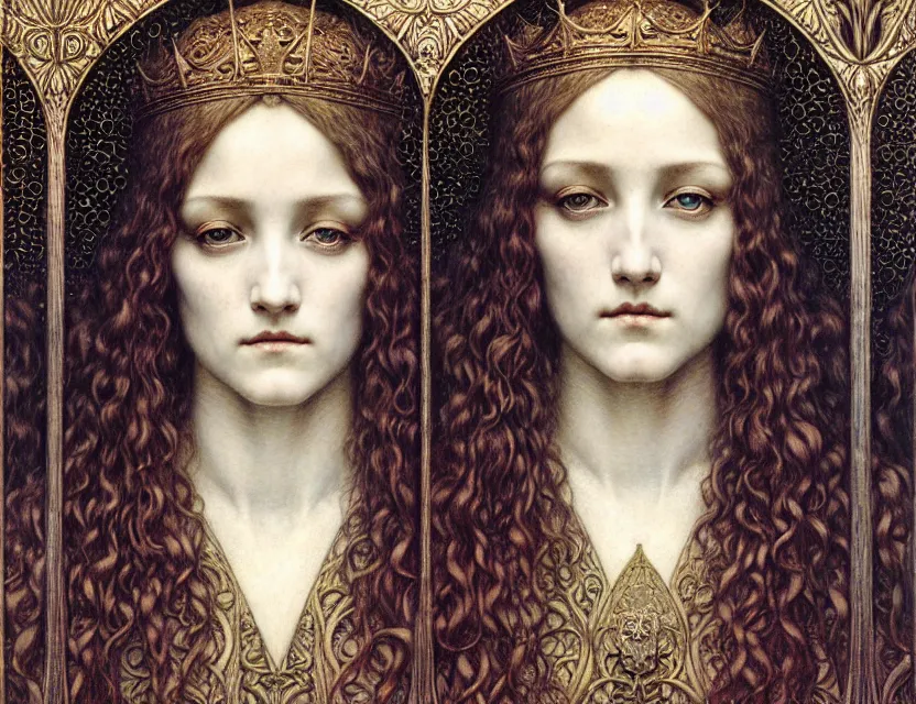 Image similar to detailed realistic beautiful young medieval queen face portrait by jean delville, gustave dore and marco mazzoni, art nouveau, symbolist, visionary, gothic, pre - raphaelite. horizontal symmetry