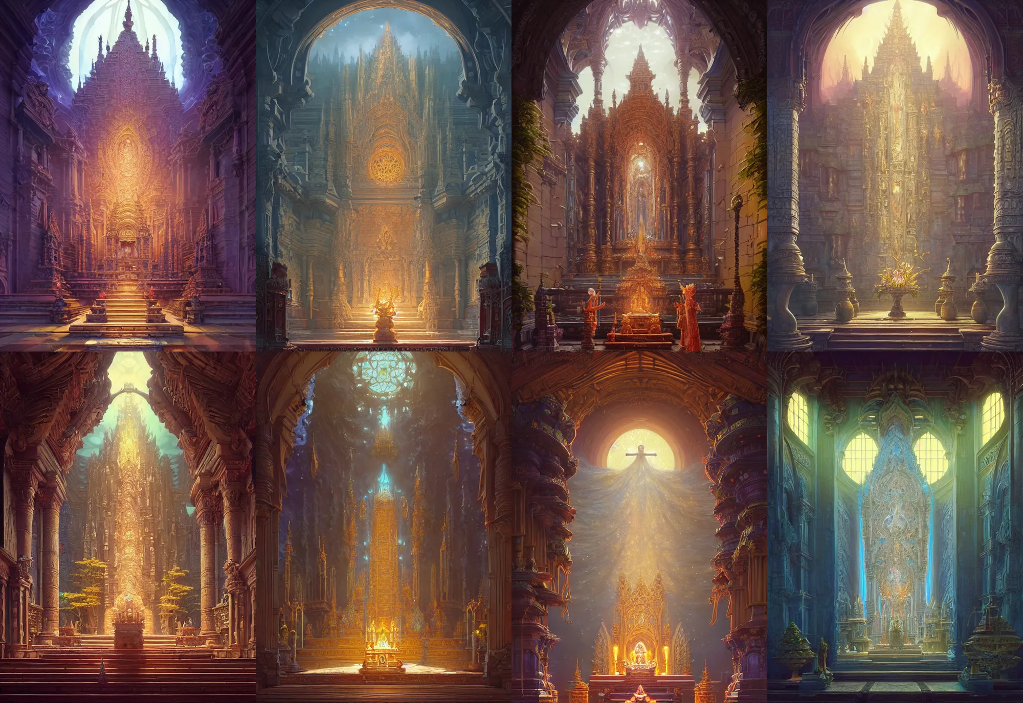 Prompt: highly detailed altar of a temple, stephen bliss, unreal engine, fantasy art by greg rutkowski, loish, rhads, ferdinand knab, makoto shinkai and lois van baarle, ilya kuvshinov, rossdraws, tom bagshaw, alphonse mucha, global illumination, radiant light, detailed and intricate environment