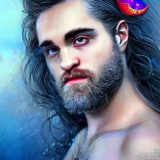 Prompt: “ robert pattison portrait, fantasy, mermaid, hyperrealistic, highly detailed, cinematic lighting, pearls, glowing hair, shells, gills, crown, water, highlights, starfish, jewelry, realistic, digital art, pastel, magic, fiction, ocean, game, king, colorful hair, sparkly eyes, fish, romantic, god, waves, bubbles ”