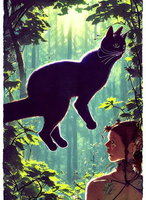 Image similar to a hyper realistic ink cat alien technology and sunbeams blue sky, lush forest foliage painting by chiara bautista and norman rockwell and greg rutkowski weta studio, and lucasfilm