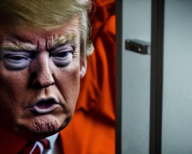 Image similar to closeup portrait of of angry donald trump wearing orange prison pajamas locked up in an prison jail cell, cinematic masterpiece, octane, dramatic lighting, very detailed