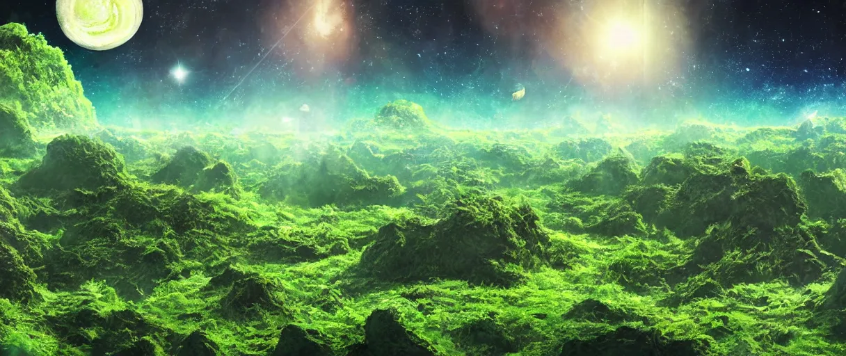 Image similar to a lush green crumbling island floating in space, debris, center of image, planets, stars, rainbows, nebula, asteroids, studio ghibli style, detailed, depth of field