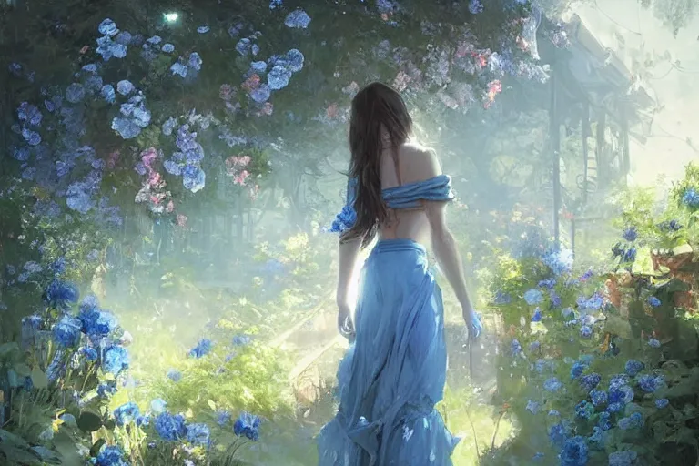 Image similar to a beautiful painting of blue roses garden, girl, by greg rutkowski, trending on artstation