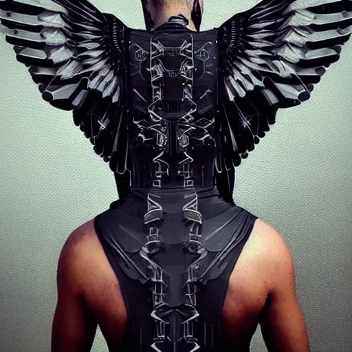 Image similar to man with cybernetic bird wings on his back, highly detailed, mega detailed, photo realistic, cyberpunk,