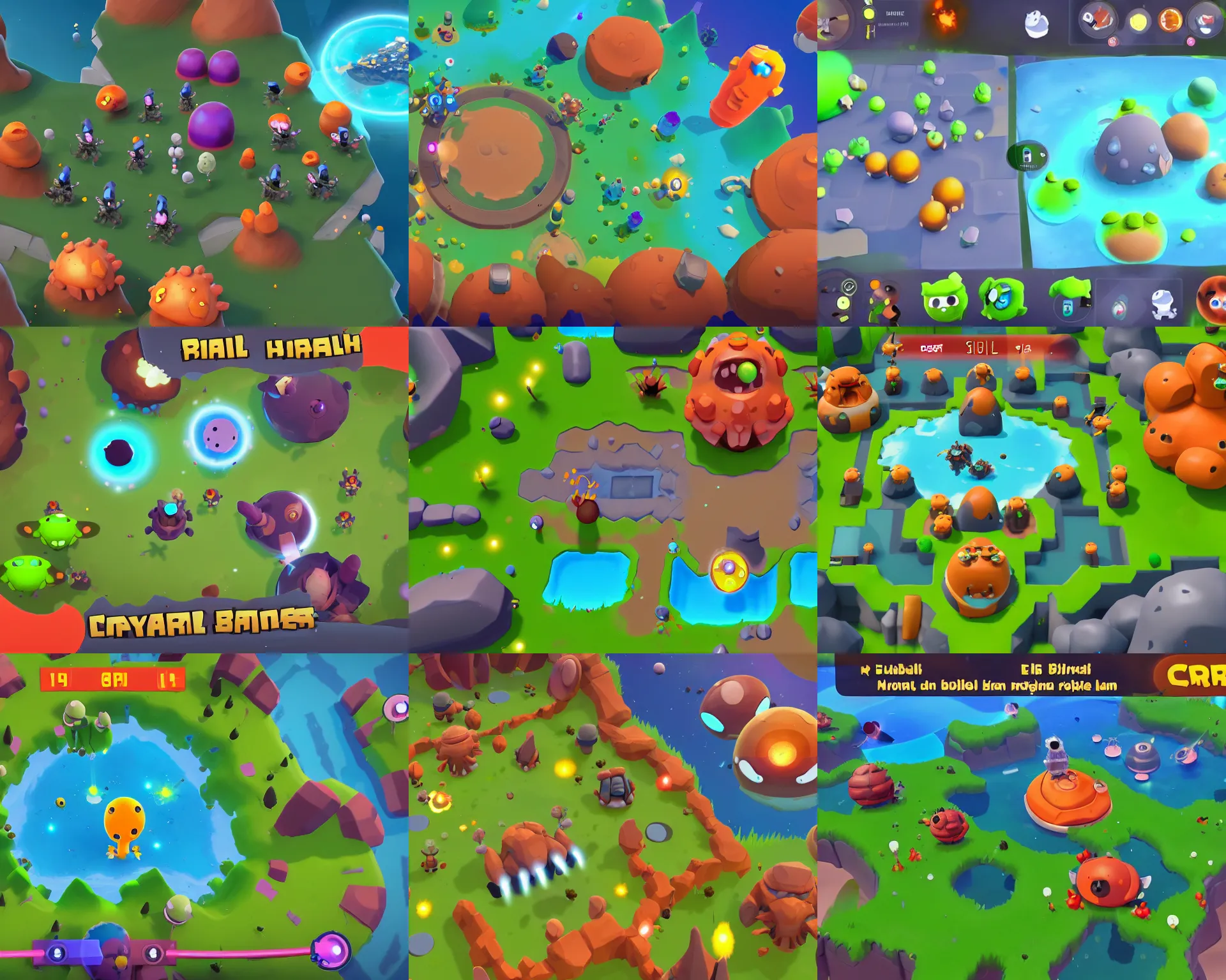 Prompt: mobile battle royale game about alien cute blob little animals that land on a planet with different biomes, craters, alien capsules, bushes in the visual style of Spore and Brawl Stars and little in Eternal Cylinder, view from above and slightly behind, game screenshot, with stamina and health ui and ux, epic battle in end of the game on small planet, world curvature, 3rd-person camera!
