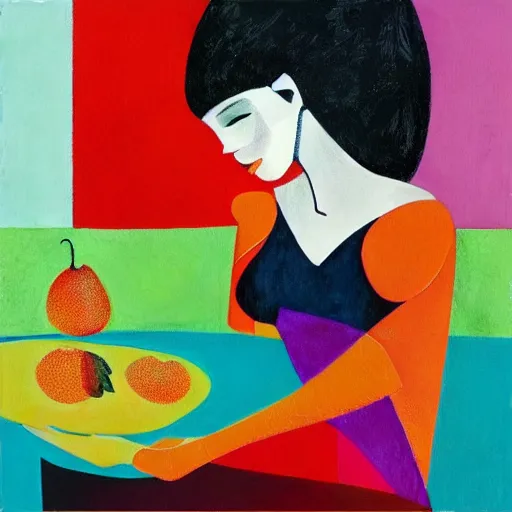 Prompt: beautiful lady, drinking tea, fruit basket, painting, abstract, clean shapes, print, litography pastel colors, ink lines, markus gunnar, konstfack