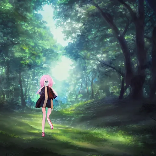 Prompt: a girl walking in a forest, a big eye in the sky is watching her, anime art, smooth, hd, smooth