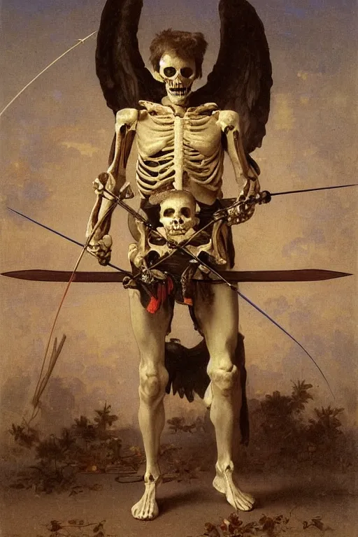 Image similar to portrait of a skeleton archer with bow and arrow in the middle world, wearing helmets with wings, wearing european style armor, holding a sword in both hands, symmetrical, solemn, sacred, aura, by bouguereau