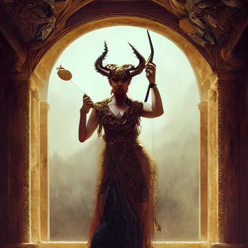 Prompt: majestic gracious regal seductive goddess artemis portrait, ancient greece, atmospheric lighting, painted, menacing, intricate, volumetric lighting, beautiful, rich deep colours masterpiece, golden hour, sharp focus, ultra detailed, by leesha hannigan, ross tran, thierry doizon, kai carpenter, ignacio fernandez rios