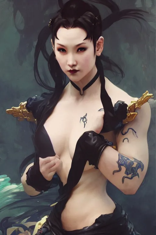 Image similar to portrait of goth Chun Li, Street fighter, highly detailed, digital art from artstation by Ruan Jia and Mandy Jurgens, Alphonse Mucha and Artgerm and william-adolphe bouguereau