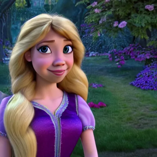 Image similar to Jennette McCurdy as Rapunzel in disney tangled live action, 8k full HD photo, cinematic lighting, anatomically correct, oscar award winning, action filled, correct eye placement,