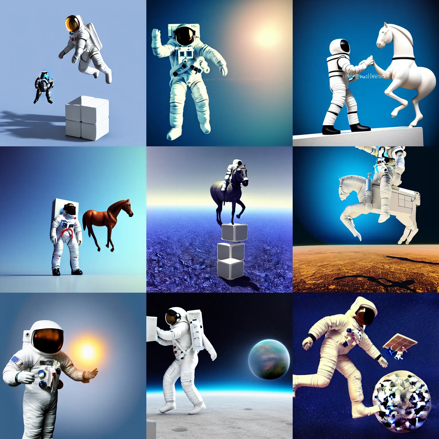 Prompt: an astronaut standing on the little cube. and a horse horse horse horse floating standing above the human, horse horse exactly above that astronaut, minimalist style, 3 d render.