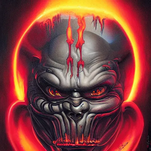 Image similar to doom demon giger portrait of sith lord, fire and flame, horns, lightsaber, Pixar style, by Tristan Eaton Stanley Artgerm and Tom Bagshaw.
