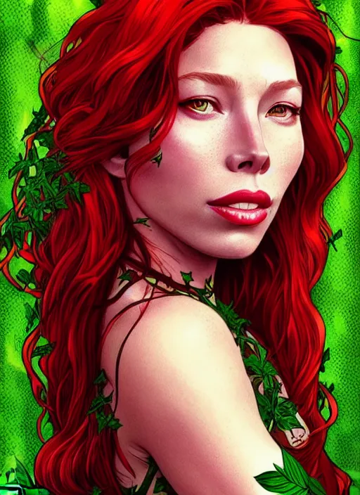Image similar to jessica biel as poison ivy, character concept art, trending on artstation, red hair, highly detailed, high quality, digital illustration, alena aenami, alphonse mucha, tom bagshaw
