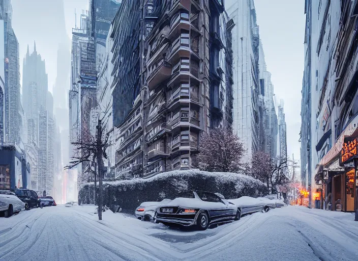 Prompt: a city street covered with snow, winter, dusk, futuristic city, robots populate the street, futuristic cars, extremely detailed, sharp focus, rule of thirds, award winning photography. photo by victor enrich, liam wong.