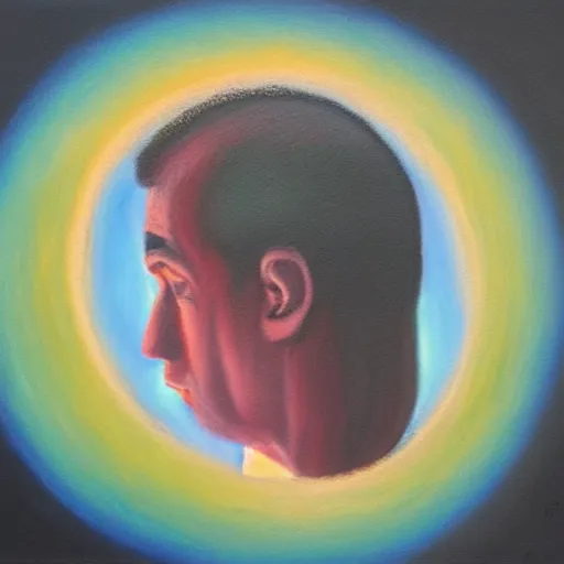 Prompt: An orb of light orbiting around a man's head, oil on canvas painting, pastel colours