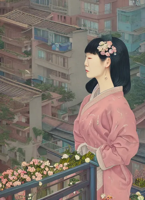 Image similar to Portrait of a Luxurious Korean woman standing on a balcony, female, richly detailed color illustration of a rotocoped-animation-of-flowers-flowing illustrated, detailed face, 19th century, cinematic lighting, digital art painting by simon stalenhag