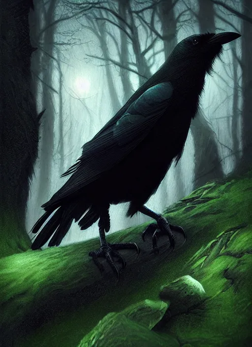 Image similar to side portrait dark crow (animal), close-up, fantasy forest landscape, moonshine, fantasy magic, nice black feather, proud, green dark light night, intricate, elegant, sharp focus, illustration, highly detailed, digital painting, concept art, matte, art by WLOP and Artgerm and Greg Rutkowski and Eddie Mendoza, masterpiece