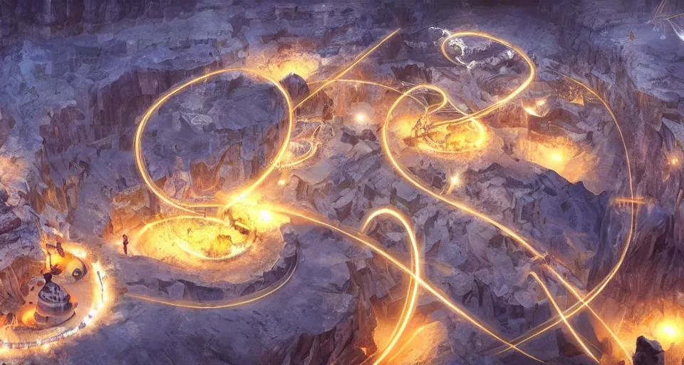 Image similar to night, a lot of people and a spiral - shaped white luminous attractor is floating in grand canyon, concept art, art for the game, professional lighting, art