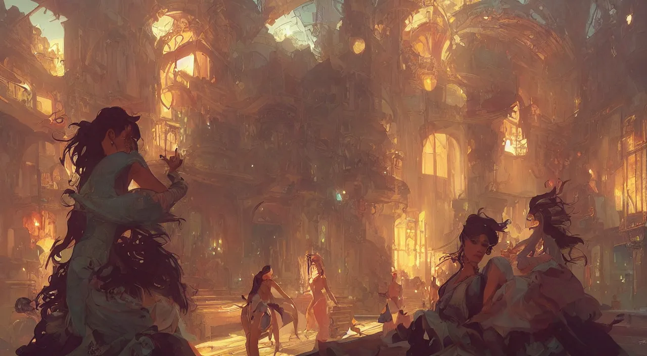 Image similar to bazaar zouk place sky shine digital painting, artstation, concept art, sharp focus, illustration, cinematic lighting, art by artgerm and greg rutkowski and alphonse mucha