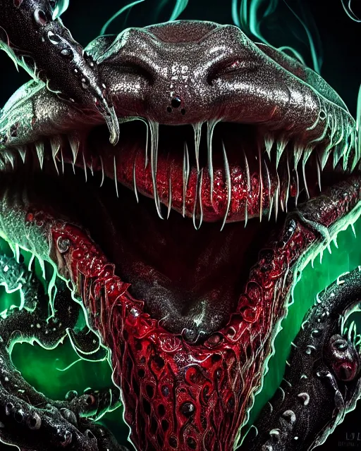 Image similar to realistic long textured tongue demon wet humanoid alien, smoke, mouth in mouth, large alien eyes, metallic reflective fangs dripping greenish acid saliva, thin red veins, intricate grey snake scales ornate skin, cinematic light shadows, reflections, crawling in a wet sewer pipe, dim flashlight lighting, insanely detailed