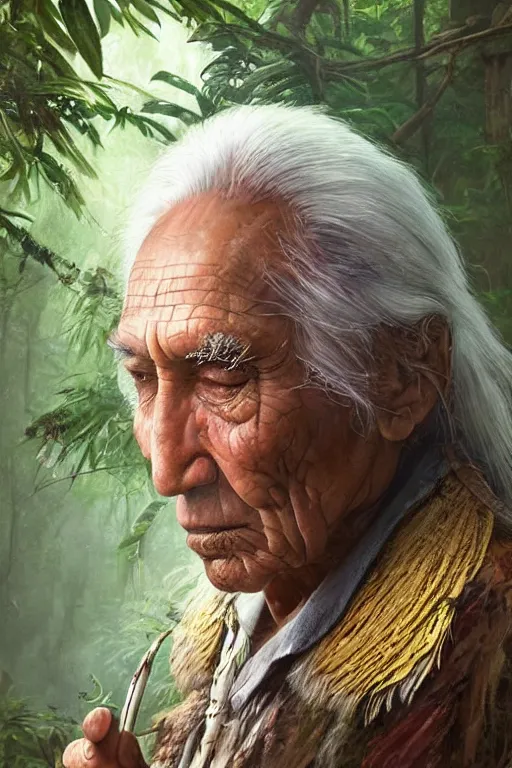 Image similar to a beautiful portrait of chief dan george taking tobacco snuff in the jungle, hyper realistic face, fantasy art, in the style of greg rutkowski, intricate, hyper detailed, smooth