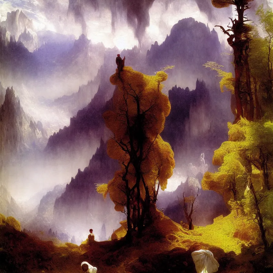 Image similar to artwork about being the last human on earth, painted by thomas moran and albert bierstadt. monochrome color scheme.