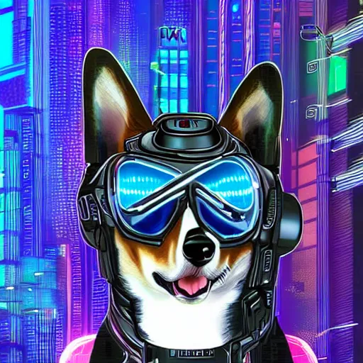 Image similar to a corgi android in space, cyberpunk, detailed digital illustration