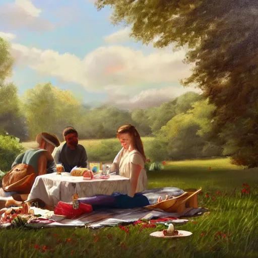 Image similar to a picnic, oil painting, pale colors, high detail, 8 k, wide angle, trending on artstation,