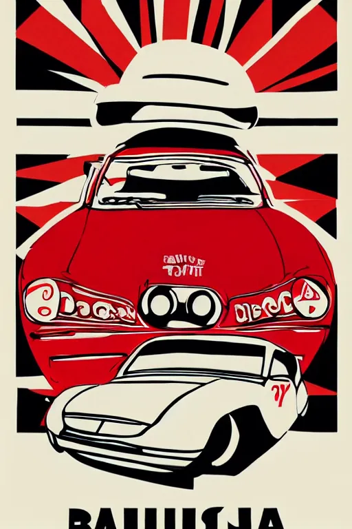 Prompt: a drawing of a car with a hat on top of it, poster art by bauhaus, behance, bauhaus, constructivism, poster art, concert poster