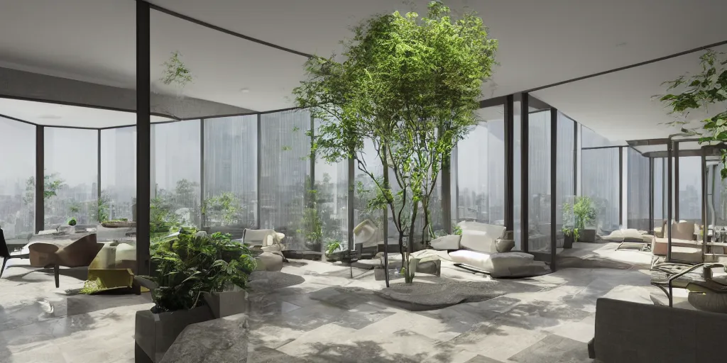 Image similar to new york penthouse designed by Geoffrey Bawa, greenery, small pond, granite floor, concept, octane rendering