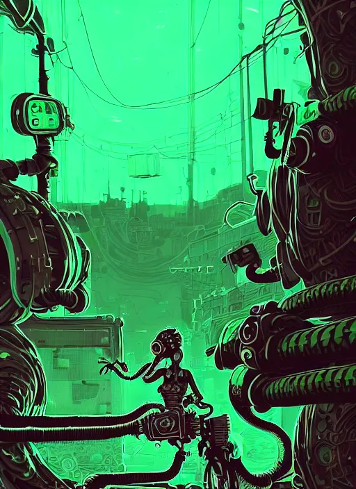 Image similar to highly detailed portrait of an moody wasteland punk long dripping green poison hair tribal lady, stray black rubber hoses by atey ghailan, james gilleard, by joe fenton, by greg rutkowski, by greg tocchini, by kaethe butcher, 4 k resolution, gradient purple, brown black and white color scheme!!! ( ( green flaming robotic sewer background ) )
