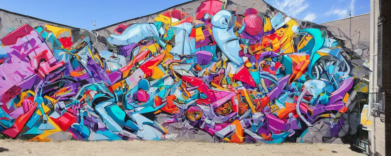 Image similar to a mural by loomit in street art style, graffiti painting, hyperdetailed, colorful, 3 d, perspective, dynamic, plastic, complex, intricate