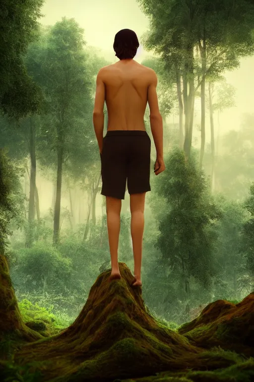 Prompt: young man with wavy black shoulder length hair, muscular back, plain cotton shorts, back view, trees, detailed forest background, webtoon, breathtaking scenery, colourful, 8 k, graphic novel, digital art trending on artstation, volumetric lighting, octane render, cinematic, hyper detailed, magical atmosphere